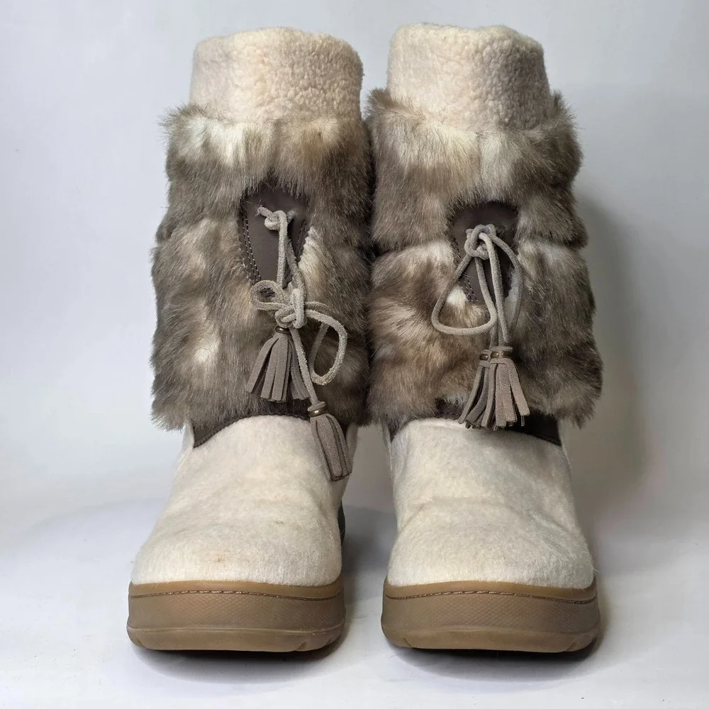 L.L. Bean Winter Snow Boots Women's Size 10 Ivory Cream Brown Faux Fur Shoes
